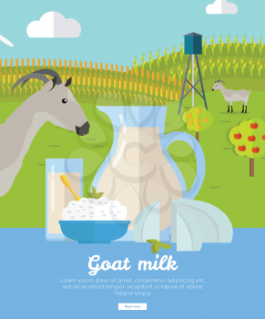 Goat milk. Milk farm concept banner vector flat design. Organic farming, traditional products. Clean naturally produced food. Glass of milk, cheese, butter on the background of farm and goat.
