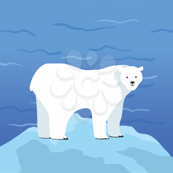 Polar bear Ursus maritimus on piece of ice with Arctic Ocean on background. Arctic wild animal. Carnivorous bear at Arctic Circle. Wildlife of North Pole. White bear. Vector illustration in flat style