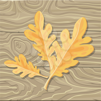 Oak leaf on wooden background. Flat style vector. Fallen orange tree leaf with broken limb.  Autumn defoliation. Season changes in nature. For enviromental concepts, prints, wallpapers, web design  