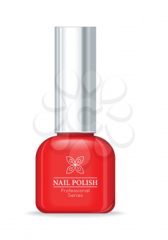 Nail polish professional series red bottle. Women nail accessory. Bright stylish modern color. Glamour cosmetics. Manicure and pedicure product. Part of series of decorative cosmetics. Vector