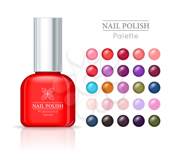 Nail polish pallet. Women accessories nail collection with logo. Bright stylish modern colors. Glamour cosmetics. Manicure and pedicure products. Part of series of decorative cosmetics items. Vector