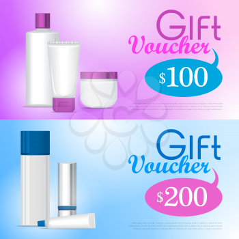Gift vouchers in cosmetics store design template. White clean tubes, sticks and bottles for lipstick, cream, shampoo, foam, lotion on pink on blue gradient background with text and prepayment sum
