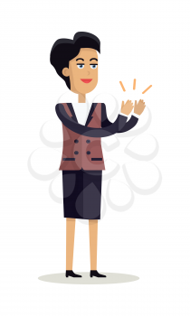 Business woman with black hair and in business suit stands and applauds. Woman clapping hand with happy face. Smiling woman personage in flat design isolated on white background. Vector illustration