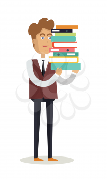 Office worker character vector. Cartoon in flat style design. Young man in suite standing and holding stuck of documents. Paper work, data analyzing Illustration for business concepts, infographics.