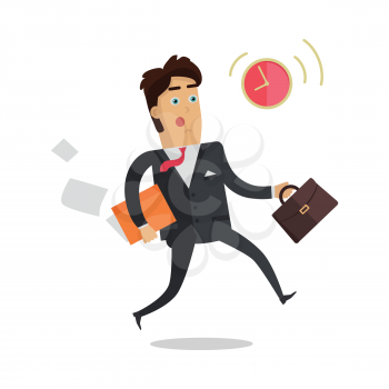 Being late to meetings vector concept. Flat design. Worried businessman with briefcase and documents hurries to appointed time. Punctuality and stress at work. For business concept. Isolated on white 