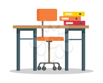 Workplace vector illustration in flat style. Modern office furniture. Table, orange chair, color binders illustrations for business, space organization concepts, furniture stores ad. Isolated on white