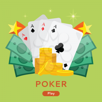 Poker concept vector web banner in flat style. Cards with aces, dollar bills, golden coins. For gambling online services ad, sport lottery services startups, landing page design. On green background