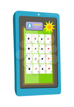 Online casino on screen of tablet computer. Online gambling games of fortune entertainment casino. Tablet games icon. Mobile game app. Online poker. Vector illustration in flat style.