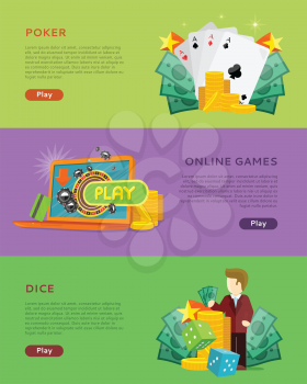 Set of gambling vector banners. Flat style. Poker, online games, dice horizontal conceptual illustrations with cards, roulette, money for virtual gamble and entertainments services web page design