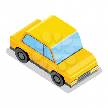 Yellow car icon. Yellow city car with shadow. City service transport. Isometric car web infographic. Modern vehicle. City isometric object in flat. Isolated vector illustration on white background.