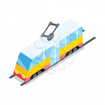 Public tram icon. Isometry yellow tram on rails with shadow. Public transport concept. City isometric object in flat. Isolated vector illustration on white background.