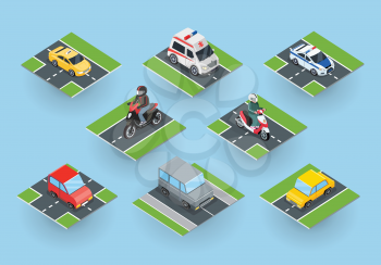 Public transportation. Traffic items collection on the road. Car motorbike ambulance taxi moped police car. City service transport icons. Part of series of city isometric. Vector illustration