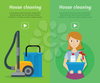 Set of cleaning service web banners. Flat style. House cleaning vector concepts with woman, vacuum cleaner and household chemicals. Illustration with play button for housekeeping online services