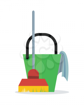Cleaning service web banner. Bucket with duster and broom icon. Sign symbols of clean in the house. House washing equipment. Office and hotel cleaning. Housekeeping. Cleaning business concept. Vector