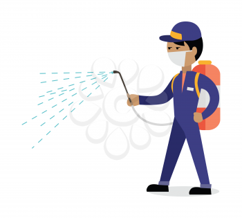 Pest control concept vector in flat style design. Man in uniform with face mask spray pesticides from sprayer on back. Chemical treatment against termites, cockroaches, fleas, agricultural pests.