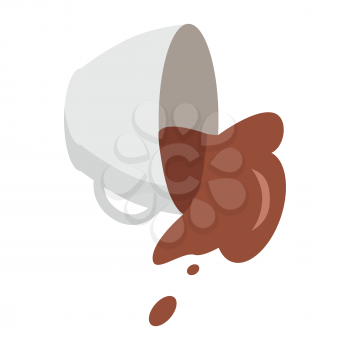 Fallen white coffee cup with spilled coffee in flat. Coffee spill icon. Coffee stain. Isolated object in flat design on white background. Vector illustration.