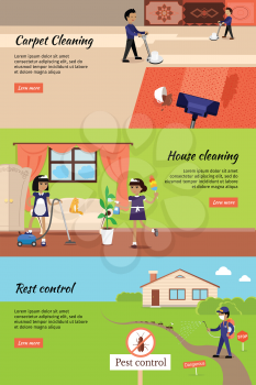 House cleaning, pest control, cleaning carpet banners. Housework and cleaner service, domestic cleaning work, housekeeping wash and cleaning, washing and housecleaning, disinfectant pests illustration