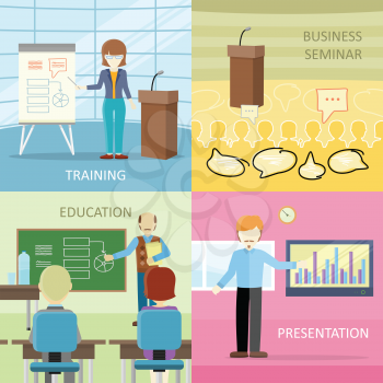 Set of business education concepts in flat design. Lecturers at work. Training, business seminar, education, presentation vector illustrations for educational companies, career courses ad.  