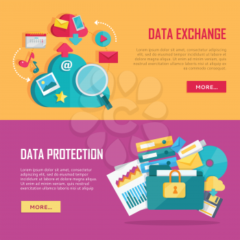 Data exchange and data protection banners set. Data protection and exchange design flat concept. Technology web, internet information data integration and transforming. Data provision. Vector