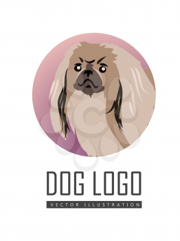 Dog vector logo in flat style. Pekingese bust in the blue circle illustration for pet shop, breed club logotype, app icon, animal infogpaphics elements, web design. Isolated on white background