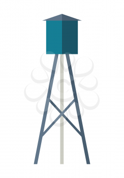 Water tower vector. Flat design. Traditional farm construction for collection and storage water. Water supply and irrigation concept. Picture for agricultural, farm, countryside theme illustrating.  
