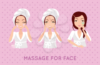 Massage for face set. Set of beautiful, elegant woman head massaging her face. SPA, health and beauty set. Set of face skin care with home remedies. Skin care. Girl in white bathrobe and towel on head