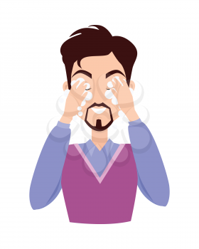 Man cleaning and care her face, facial, treatment, beauty, healthy, hygiene, lifestyle. Cleaning makeup. Skin care. Handsome man in process of washing face. Man in purple sweater. Vector illustration