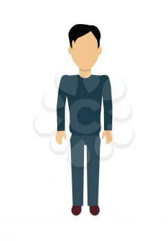 Male character without face in blue pullover and pants vector in flat design. Man template personage figure illustration, mobile app pictogram, logos, infographic. Isolated on white background.