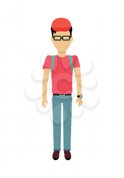Male character without face with backpack vector in flat design. Man template personage illustration for travel concepts, mobile app pictogram, logos, infographic. Isolated on white background.