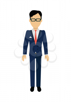 Male character without face in blue suit vector. Flat design. Man template personage illustration for concepts with humans, mobile app pictogram, logos, infographic. Isolated on white background.