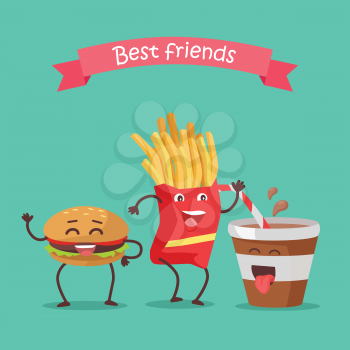 Best friends hamburger, fries and soda dancing. Funny food story conceptual banner. Fresh cooked food characters in cartoon style on disco. Happy meal for children. Childish menu poster. Vector