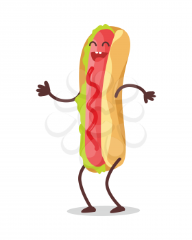 Hot dog dancing isolated on white. Funny food story conceptual banner. Fresh cooked hotdog character in cartoon style on disco. Happy meal for children. Childish menu poster. Vector illustration