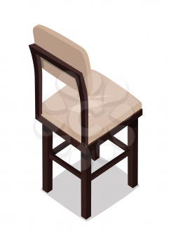 Isometric wooden kitchen chair. Chair icon. Kitchen chair in colorful flat design. Chair with shadow. Furniture element for home interior. Isolated object on white background. Vector illustration.