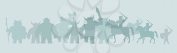 Game background of fantasy warriors. Silhouettes of mythical monsters and people with weapons and armors. Stylized fantasy characters. Game background in flat design isolated. Vector illustration.