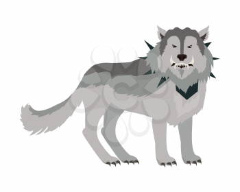 Grey wolf in the collar with spikes outside. Wolf with showing fangs. Stylized fantasy character. Game object in flat design isolated on white background. Vector illustration.