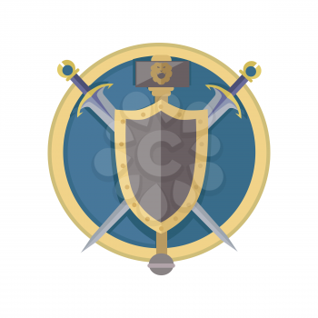 Coat of arms shield with swords vector in flat style design. Cold weapon and armor game models. Illustration for games industry concepts, icons and pictograms. Isolated on white background.