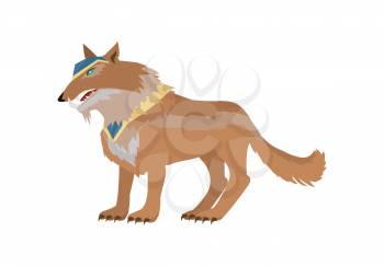 Fantastic battle riding wolf vector in flat style design. Fairy predator in armor model illustration for games industry concepts, icons and pictograms. Isolated on white background.