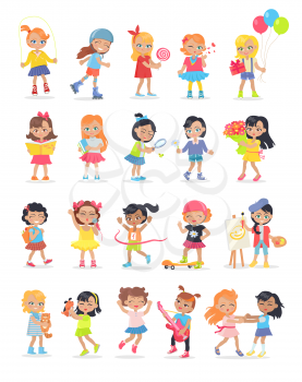 Set of girls having leisure time. School girls during break. Group of kids having fun together. Young ladies at the playground, going in for sport, drawing, playing, walking. Daily activities. Vector