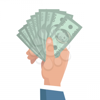Hand with money vector illustration in flat style design. Businessman holding one hundred dollar banknotes in hand. Income, investment, loan, savings, wages illustration for business concepts. 