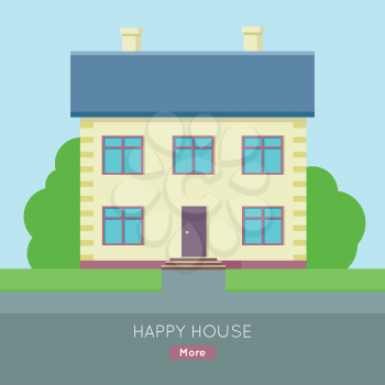 Happy house vector web banner in flat style. Buying a new place for living. Cottage house with bushes and grass illustration for real estate company web page design, advertising, housing concepts.
