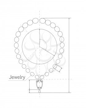 Jewerly production sketch. Jewelry designer works on hand drawing sketch of necklace. Draft outline of necklace design. Project of brilliant ornamental chain or string of beads, jewels, or links. Vect