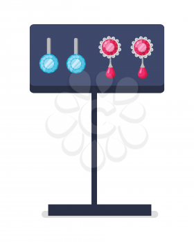 Jewelry store showcase vector concept. Flat Design. Earrings with gemstones on the stand. Luxury women s accessories. Romantic gift to a loved an anniversary. Isolated on white background
