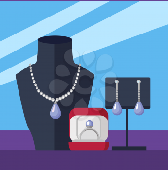 Jewelry store showcase vector concept. Flat Design. Necklace on mannequin bust, earrings on the stand, ring in box. Luxury women s accessories. Romantic gift to a loved an anniversary