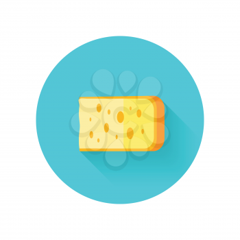 Piece of cheese isolated on white background. Natural farm food. Dairy product. Logo illustration. Retail store element. Yellow cheese icon. Vector illustration in flat style.