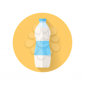 Dairy product vector. Flat design. Labeled plastic or glass bottle of fresh milk. Packaging for liquid product. Illustration for farm husbandry, milk production, grocery store ad. Isolated on white