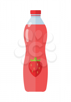 Fruity dessert beverage vector. Flat design. Labeled bottle of strawberry juice or yogurt with berry. Packaging for liquid product. Illustration for farm husbandry, milk production, grocery store ad.