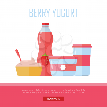 Berry yogurt banner. Milk production. Yogurt with berries and blueberries. Different dairy products from milk on white background. Assortment of dairy products. Farm food. Dairy website template.
