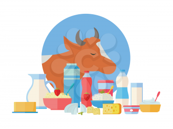Traditional dairy products from cow milk. Different dairy products on background of cow. Natural farm food concept. Assortment of dairy products. Vector illustration in flat style.