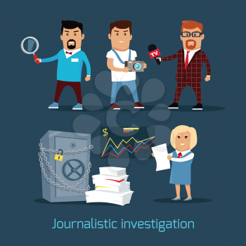 Journalistic investigation concept vector. Flat design. Financial crime, tax evasion, money laundering, corruption illustration. Set of media workers characters investigator, photographer, reporter