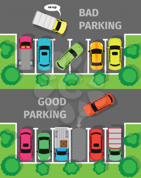 City parking vector web banner. Flat style. Shortage parking spaces. Large number of cars in a crowded parking. Urban infrastructure and car boom. Bad and good parking